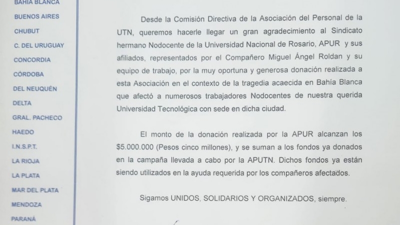 Agradecimiento al Sindicato hermano Nodocente de la Universidad Nacional de Rosario, APUR y a su Secretario General, Miguel Roldán