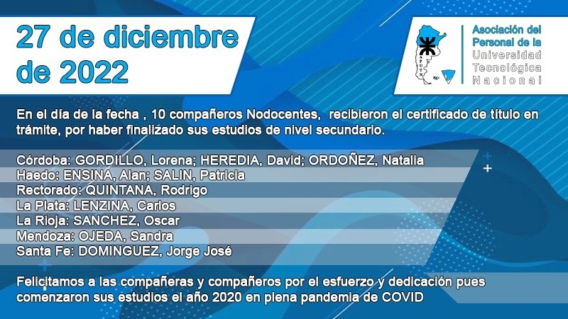 Felicitamos a las compañeras y compañeros Nodocentes que recibieron el certificado de título en trámite por haber culminado el Bachillerato para Adultos UTN