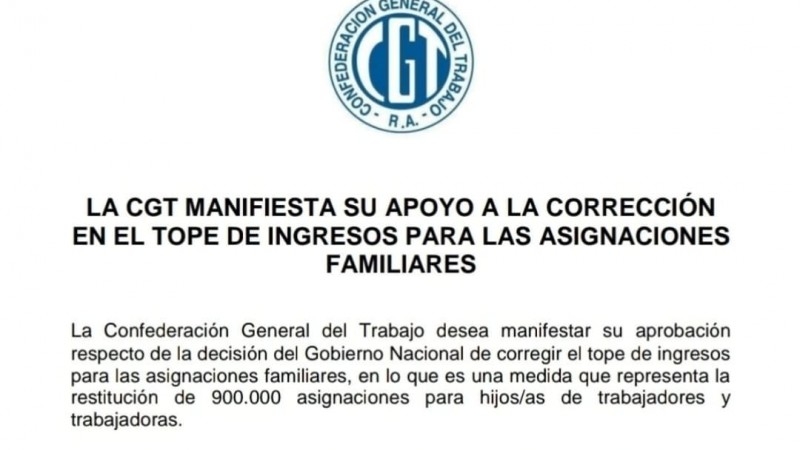 La CGT manifiesta su apoyo a la corrección en el tope de ingresos para las asignaciones familiares