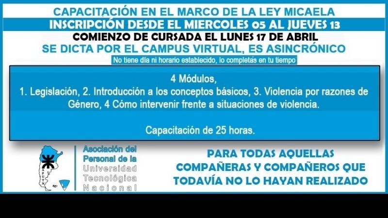 Último día de inscripción: Capacitación en el marco de la Ley Micaela APUTN